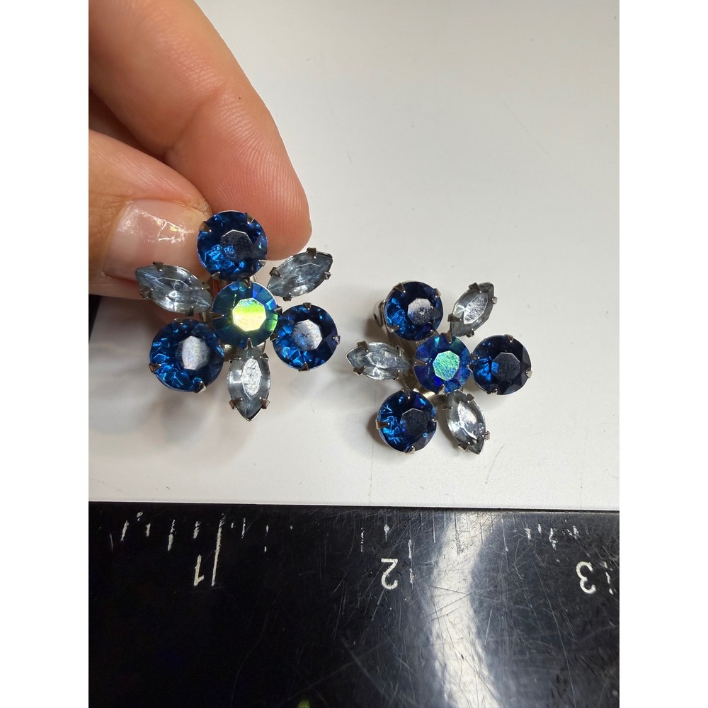 Beaujewels Blue Rhinestone Flower Clip On Earrings Aurora Borealis Silver Tone